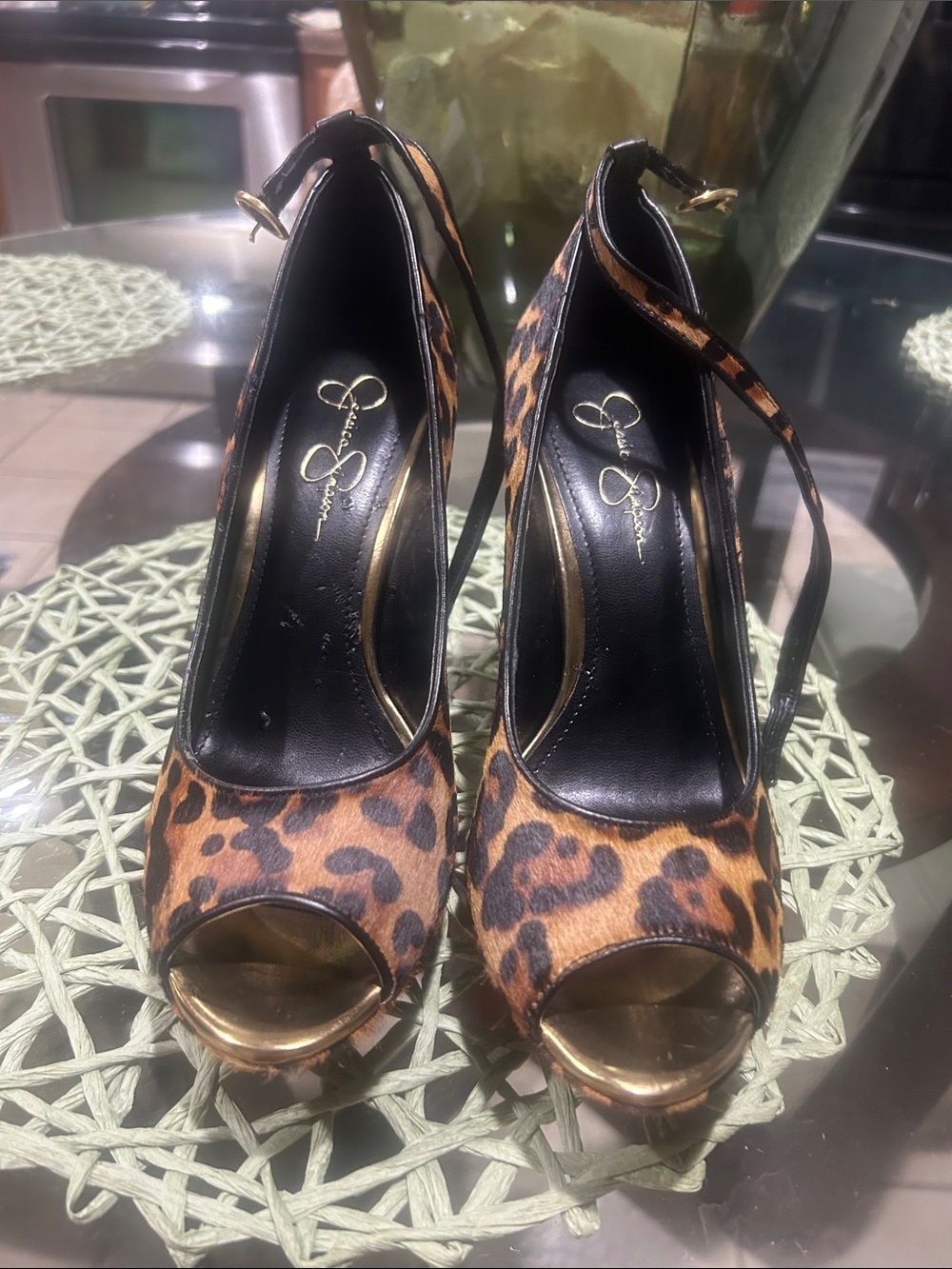 Leopard Print Peep-Toe Ankle Strap Heels - Brown